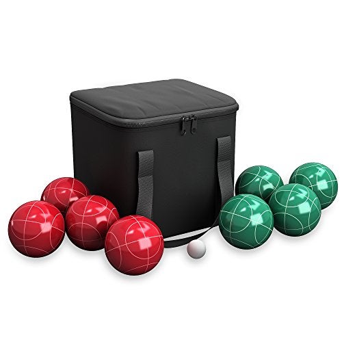 Hey Play Bocce Ball Set - Lawn Game for Backyard, Beach, or Wedding - Includes Red and Green Bocce Balls, Pallino, and Carrying Case by Trademark Games - Image 1