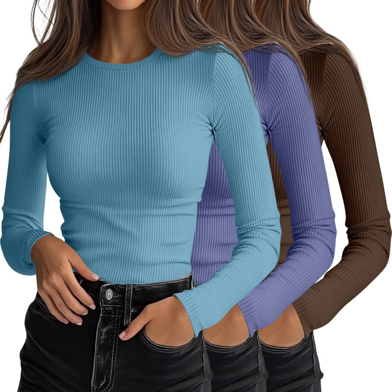Ficerd 3 Pack Womens Ribbed Long Sleeve Tops Crew Neck Slim Fit Knit Undershirts Basic Casual Stretch Layering Tee ShirtsBlue Purple MochaSmall - Image 2