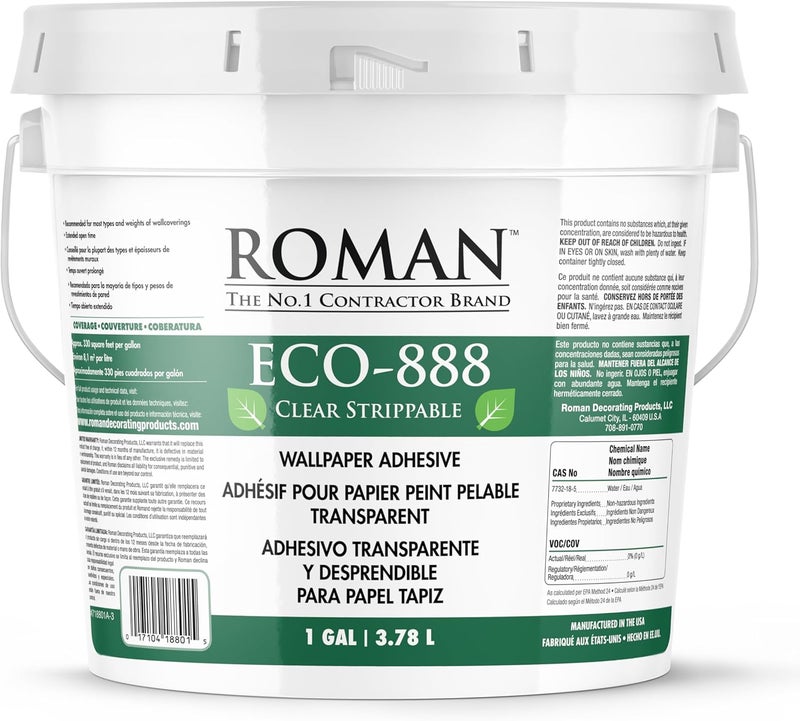 Roman لاصق ورق الجدران ECO-888 الشفاف، القابل للإزالة، سهل التركيب، لاصق/معجون، شفاف، خالي من المركبات العضوية المتطايرة، تحسين المنزل (1 جالون - 330 قدم مربع) - Image 1