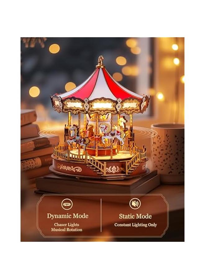 Wooden 3D Puzzles for Adults, DIY Carousel Music Box with Chaser Lights 11.6 Model Building Kit, Construction Project Craft Kits for Adults Hobby Home Decor Chiristmas Gifts for Boys Girls - Image 2