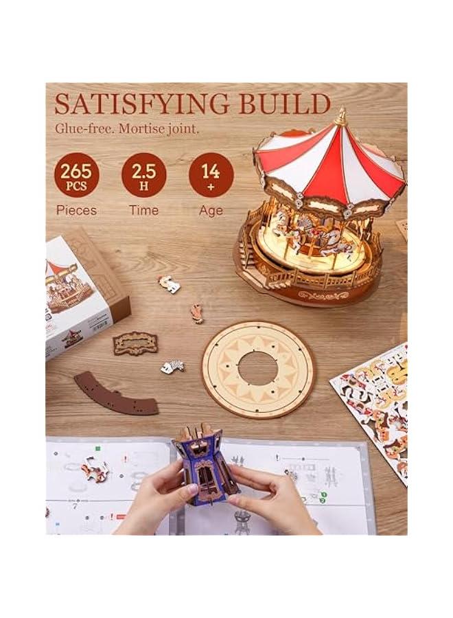 Wooden 3D Puzzles for Adults, DIY Carousel Music Box with Chaser Lights 11.6 Model Building Kit, Construction Project Craft Kits for Adults Hobby Home Decor Chiristmas Gifts for Boys Girls - Image 5