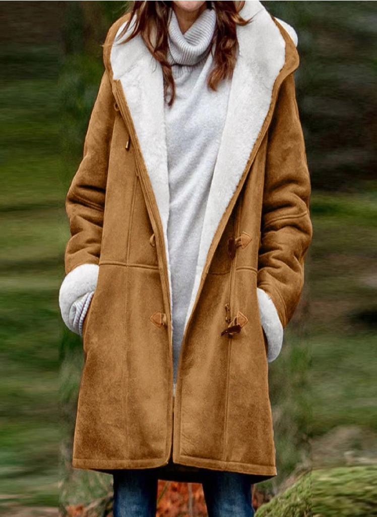 Eckek - Women's Casual Fashion Loose Solid Color Hat Plus Fleece Collar Pocket Jacket Winter - Image 1