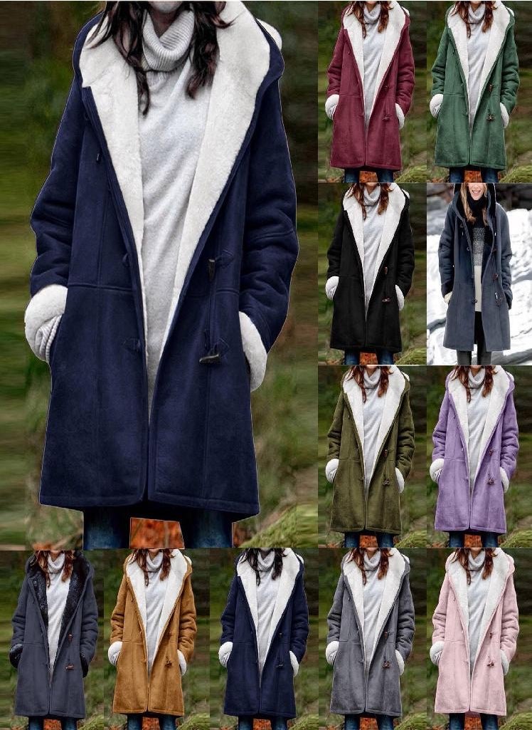 Eckek - Women's Casual Fashion Loose Solid Color Hat Plus Fleece Collar Pocket Jacket Winter - Image 1