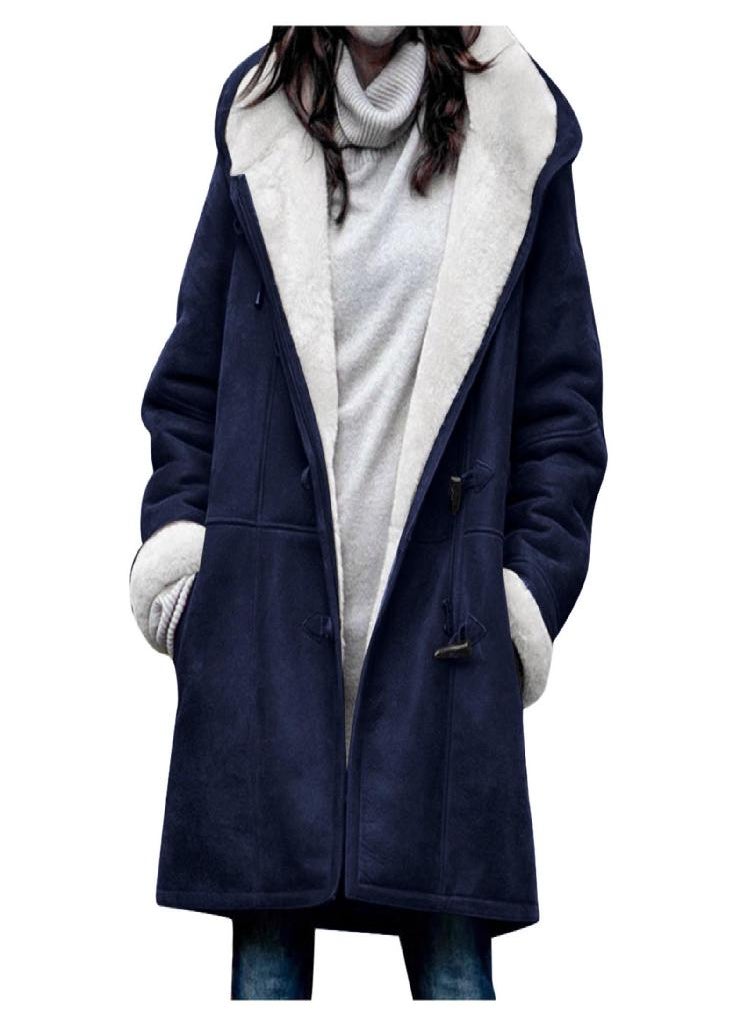 Eckek - Women's Casual Fashion Loose Solid Color Hat Plus Fleece Collar Pocket Jacket Winter - Image 1