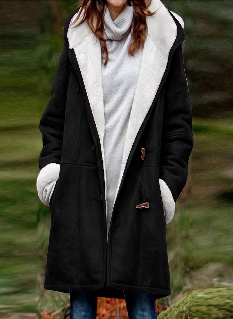 Eckek - Women's Casual Fashion Loose Solid Color Hat Plus Fleece Collar Pocket Jacket Winter - Image 1