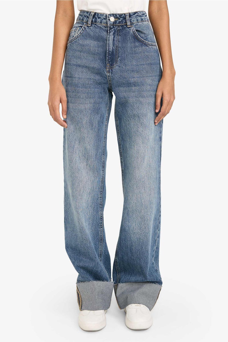 DeFacto Blue Woman 100% Cotton Straight Fit Wide Leg Normal Waist Jeans Casual - Image 5