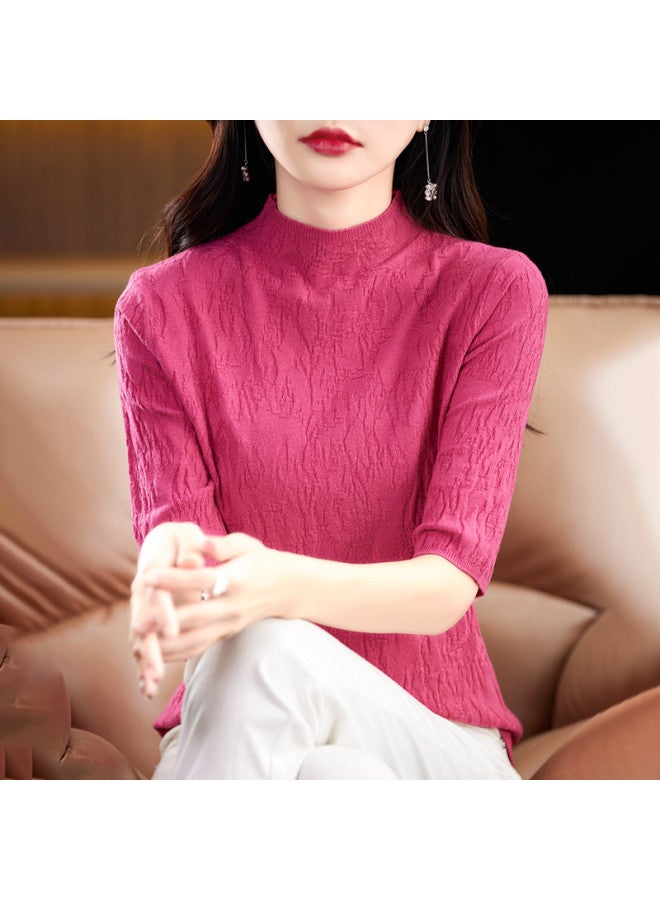 MIIOW High-End Textured Stand Collar Lightweight Women'S Mid-Sleeve Top T-Shirt, Elegant And Noble Knitted Base Layer - Image 3