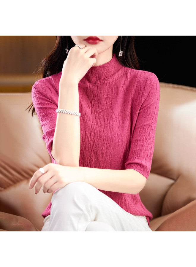 MIIOW High-End Textured Stand Collar Lightweight Women'S Mid-Sleeve Top T-Shirt, Elegant And Noble Knitted Base Layer - Image 2