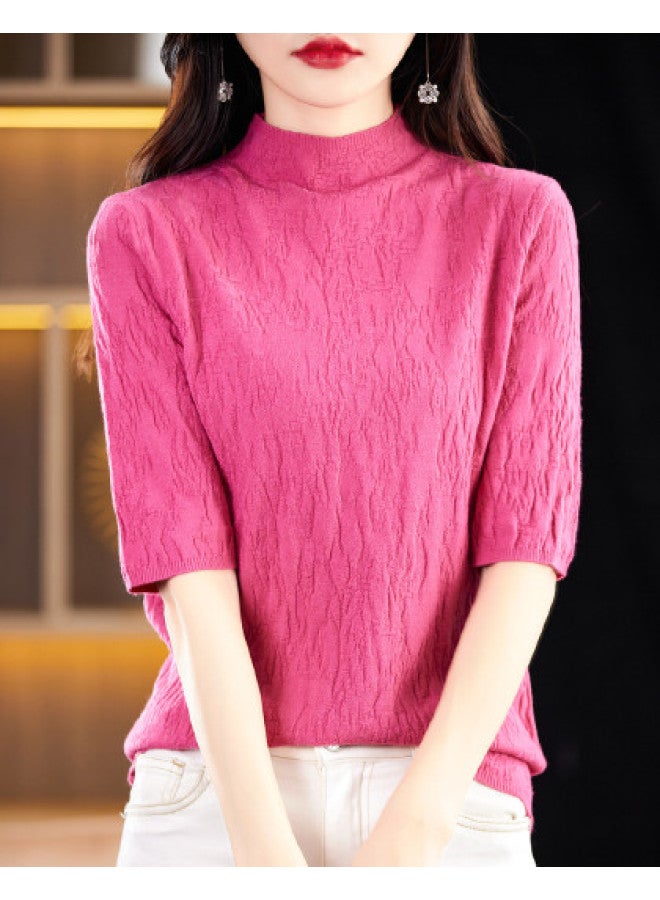 MIIOW High-End Textured Stand Collar Lightweight Women'S Mid-Sleeve Top T-Shirt, Elegant And Noble Knitted Base Layer - Image 1