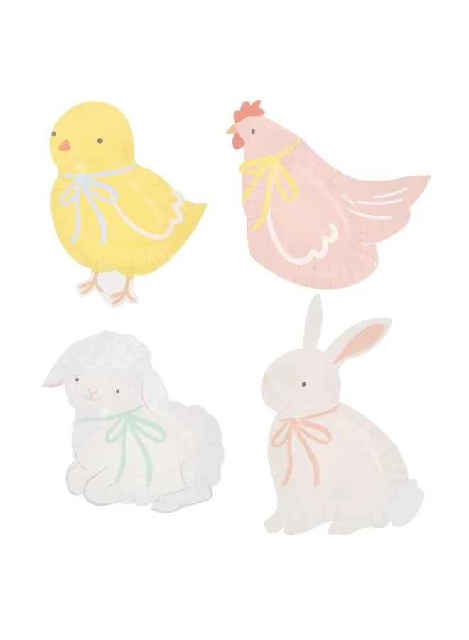 Spring Animals Plates - Pack of 8 Paper Easter Plates with Bunnies, Chicks, Lambs and Hens in 4 Designs, Matching Reverse Colors, Playful and Elegant Tableware for Spring Parties