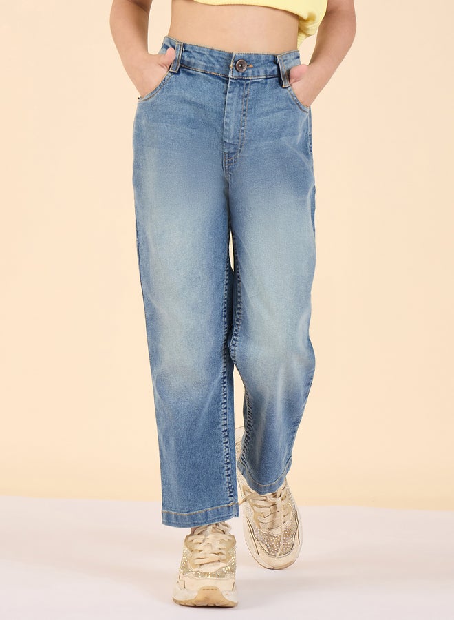 Stylo Bug Girls Blue Cotton Blend Faded Jeans - Image 1