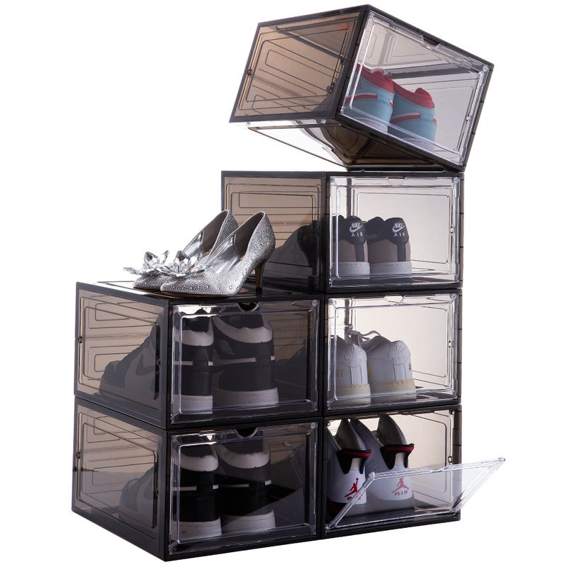 Attelite Shoe BoxSet of 6Stackable Plastic Clear Shoe Box Organizer with Magnetic DoorShoe Storage Box Thicken SturdyEasy AssemblyFit up to US Size 12Black