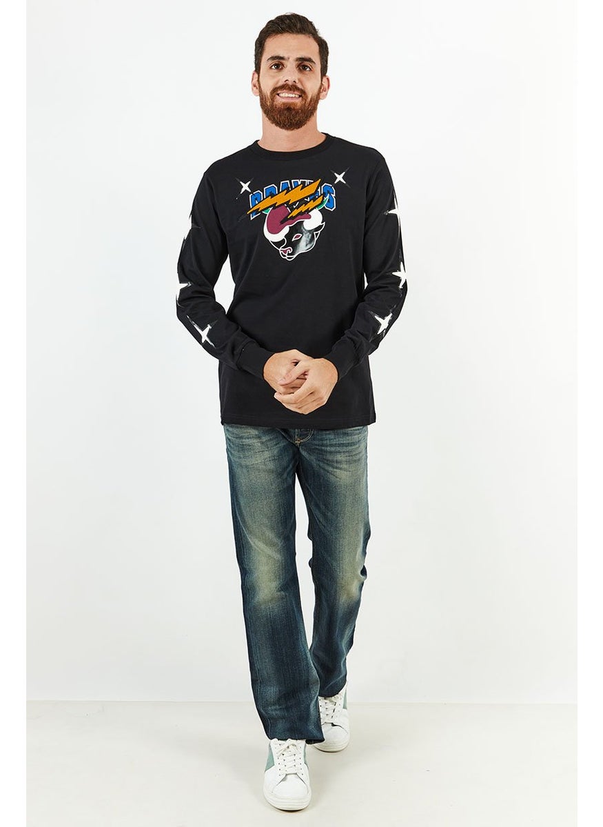 DIESEL Men Crew Neck Long Sleeve Printed  T-Shirts, Black  - Image 2