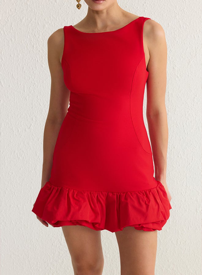 trendyol Red Balloon Skirt Detailed Woven Short Dress with Shorts Lining  - Image 5