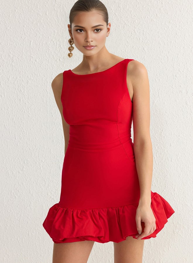 trendyol Red Balloon Skirt Detailed Woven Short Dress with Shorts Lining  - Image 3