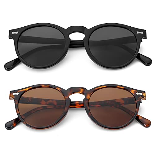 Gleyemor Vintage Polarized Sunglasses for Men Women Retro Round Sunglasses (Black Frame/Grey Lens + Tortoise Frame/Brown Lens) - Image 3
