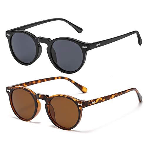 Gleyemor Vintage Polarized Sunglasses for Men Women Retro Round Sunglasses (Black Frame/Grey Lens + Tortoise Frame/Brown Lens) - Image 1