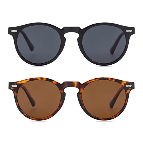 Gleyemor Vintage Polarized Sunglasses for Men Women Retro Round Sunglasses (Black Frame/Grey Lens + Tortoise Frame/Brown Lens) - Image 2