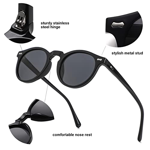 Gleyemor Vintage Polarized Sunglasses for Men Women Retro Round Sunglasses (Black Frame/Grey Lens + Tortoise Frame/Brown Lens) - Image 4