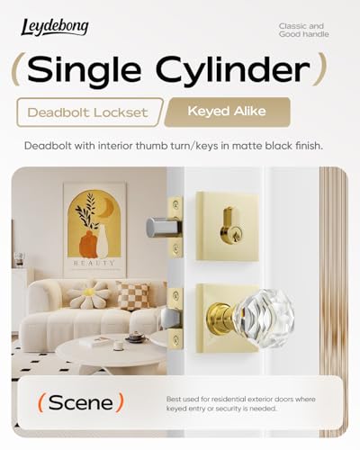 Leydebong 1 Pack Single Cylinder Deadbolt and Crystal Glass Passage Door Knob Combo Set Polished Brass Door Lock Sets Keyd Alike Door Knob Sets - Image 3