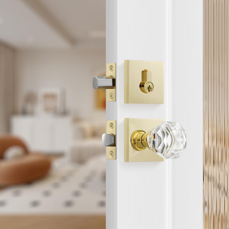 Leydebong 1 Pack Single Cylinder Deadbolt and Crystal Glass Passage Door Knob Combo Set Polished Brass Door Lock Sets Keyd Alike Door Knob Sets - Image 2