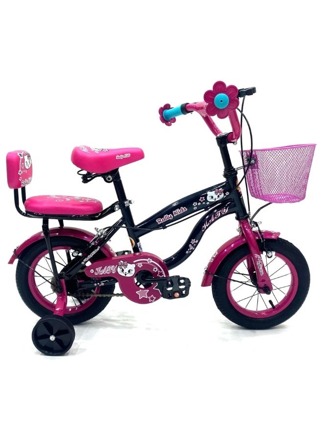 RALLY BICYCLE 12-Inch Kids Bike For Girls | 12-Inch Wheel Size| With Training Wheels |Chain Cover | Basket And Rear Seat | Dark Pink & Black Color - Image 1