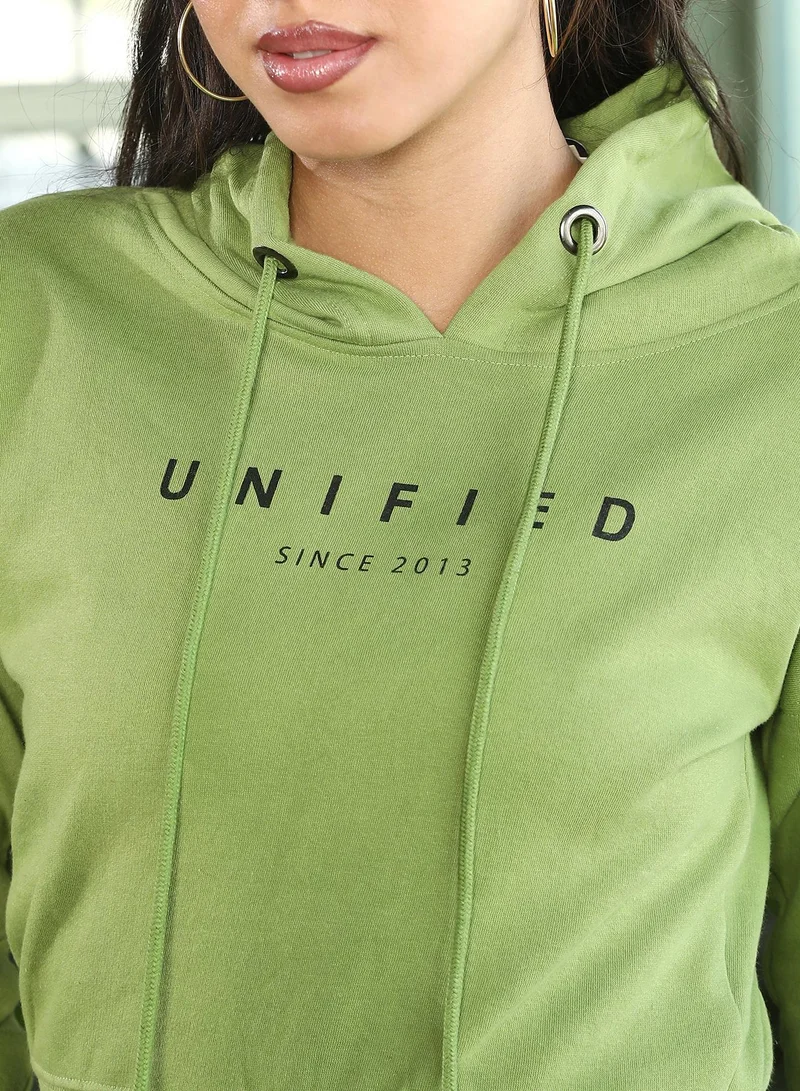 PINACOLADA  Women's Unified Print Crop Hoodie | Hooded Neck , Long Ribbed-Cuff Sleeves, Pull On Closure | Typographic Print Fleece Knitted Shirt For Casual & Daily Wear | Kelly Green for Women | Best Price UAE