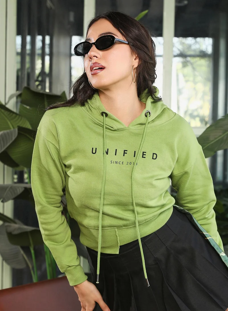 Women's Unified Print Crop Hoodie | Hooded Neck , Long Ribbed-Cuff Sleeves, Pull On Closure | Typographic Print Fleece Knitted Shirt For Casual & Daily Wear | Kelly Green