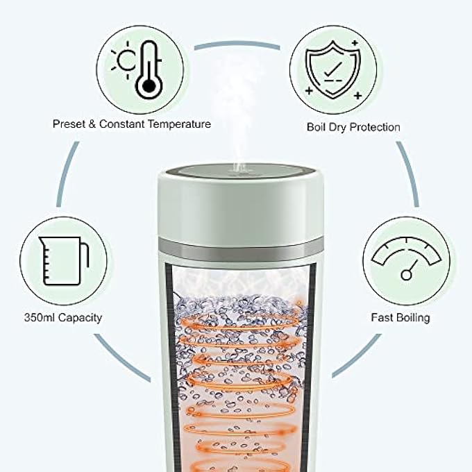 كاست ويف غلاية سفر 4 إعدادات مسبقة للتحكم في درجة الحرارة، غلاية كهربائية محمولة من الفولاذ المقاوم للصدأ، إيقاف تشغيل تلقائي، إبريق شاي مناسب للحليب والقهوة والماء وصنع الشاي، 350 مل، أخضر - Image 4