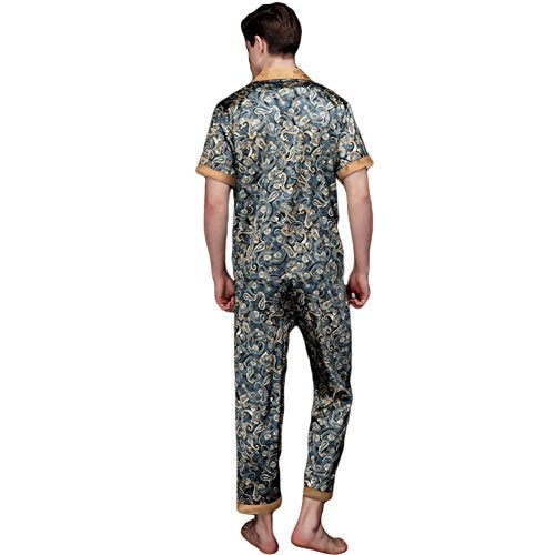 ZUEVI Men's Silk Satin Short Sleeve Pajamas Set Dragon Pattern Loungewear Button Down Pjs Set for Men(JADEITE-L) - Image 2