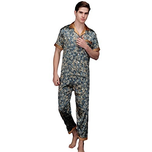 ZUEVI Men's Silk Satin Short Sleeve Pajamas Set Dragon Pattern Loungewear Button Down Pjs Set for Men(JADEITE-L) - Image 1