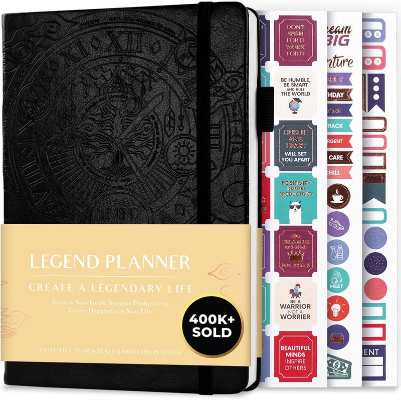 Legend Planner – مخطط أسبوعي وشهري فاخر لتحقيق أهدافك والعيش بسعادة أكبر. دفتر تنظيم ومفكرة إنتاجية. غلاف مقوى A5، غير مؤرخ – ابدأ في أي وقت + ملصقات – أسود - Image 1