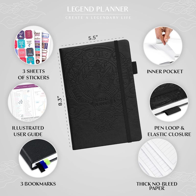 Legend Planner – مخطط أسبوعي وشهري فاخر لتحقيق أهدافك والعيش بسعادة أكبر. دفتر تنظيم ومفكرة إنتاجية. غلاف مقوى A5، غير مؤرخ – ابدأ في أي وقت + ملصقات – أسود - Image 2