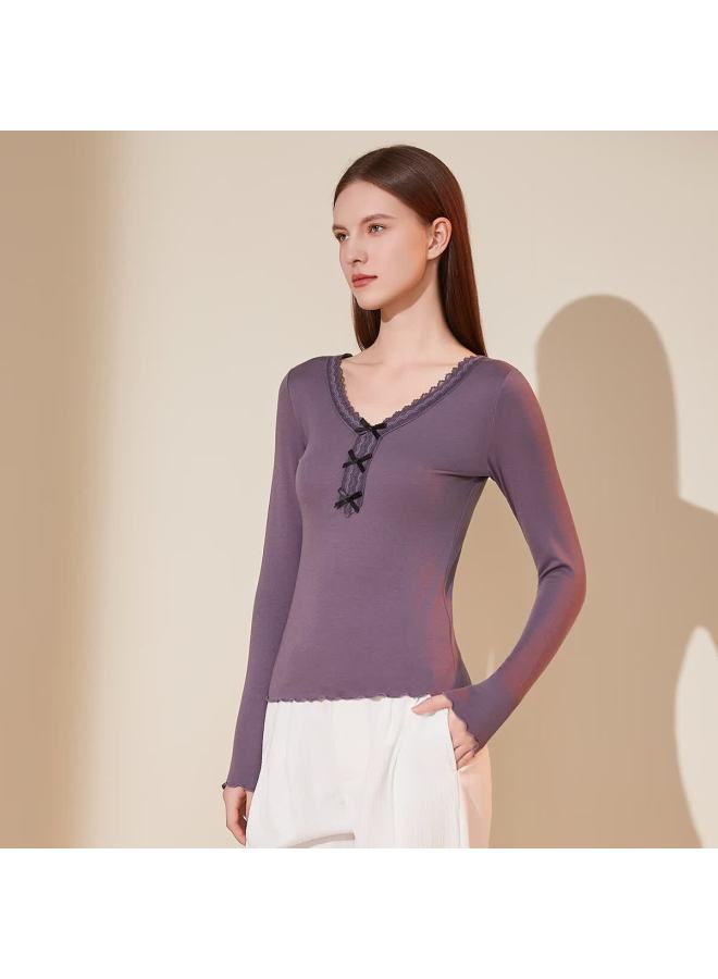 Dingguagua Dingguagua Women's Thermal Underwear Modal Lace Large Round Neck Thermal Base Shirt Mulberry Purple 160