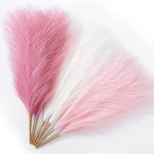 CURATED CART Faux Pampas Grass Set of 6 Small Artificial Flowers for Home, Office, Bedroom, Living Room & Table Décor - 2 Each Pink, White, Dark Pink, 41 cm, (Without Vase) - Image 1