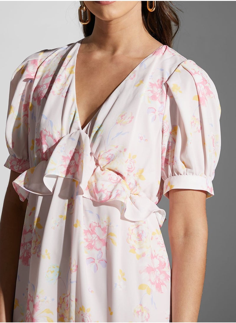 Chi-Chi London - V-Neck Printed Ruffle Detal Dress - Image 1