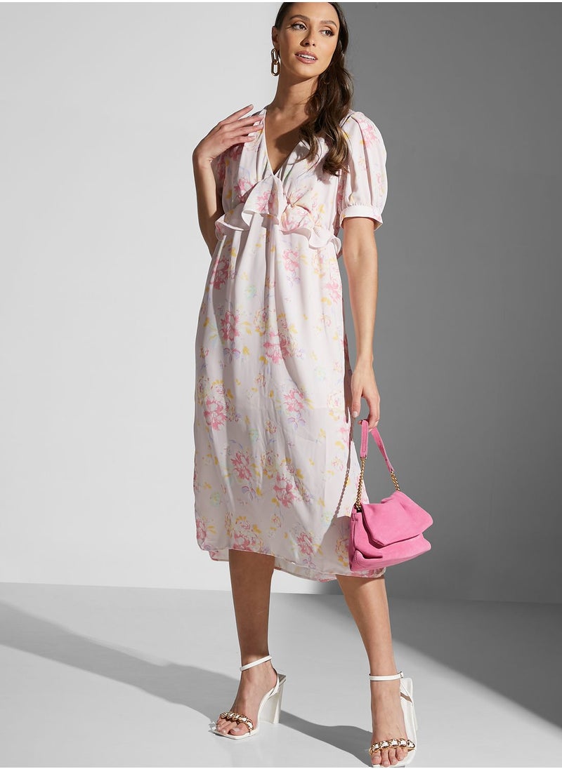 Chi-Chi London - V-Neck Printed Ruffle Detal Dress - Image 1