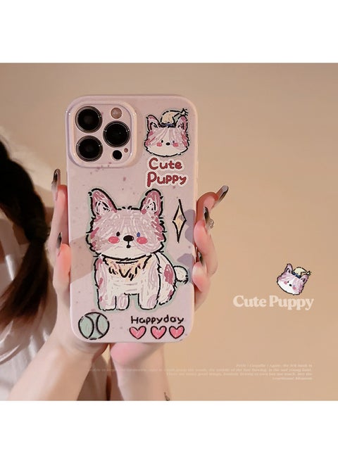 Doodle Oil Painting Puppy For Iphone14 For Apple Mobile Phone Shell 15ProMax Soft Cute Cartoon 13 Set 16 Applicable Full Package-Color:Vine Purple Lead Puppy-Applicable Model:12