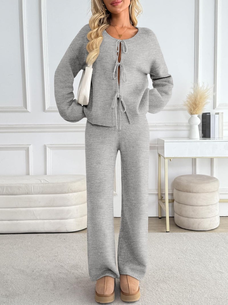 LILLUSORY Womens Lounge Sets 2 Piece Tie Front Oversized Sweater Airport Travel Winter Outfits 2025 Fall Matching Sweatsuit Grey S - Image 2