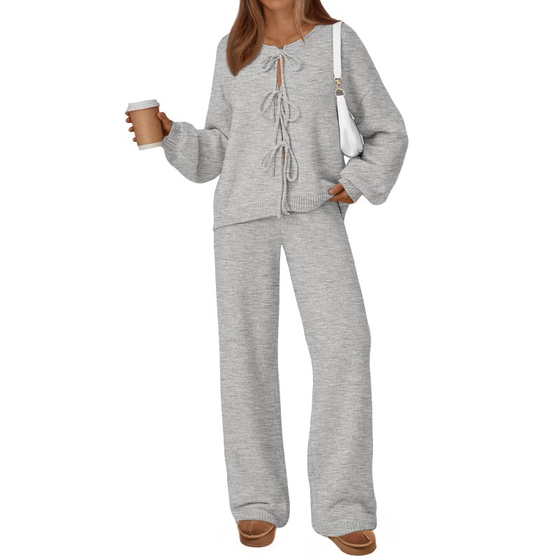LILLUSORY Womens Lounge Sets 2 Piece Tie Front Oversized Sweater Airport Travel Winter Outfits 2025 Fall Matching Sweatsuit Grey S - Image 1