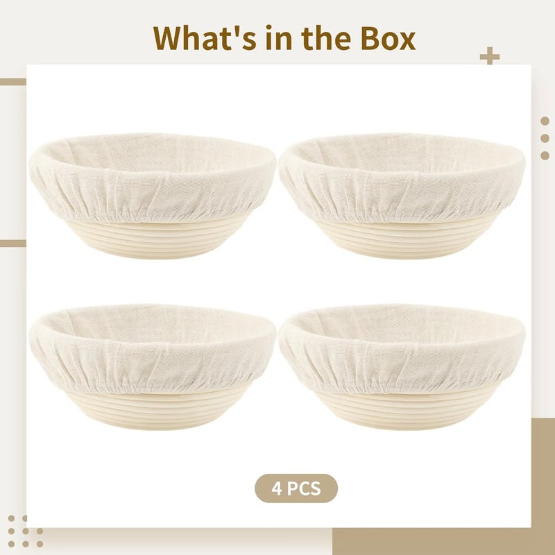 Proofing Baskets for Baking Sourdough Bread, Set Round 4 Pcs, 23 X 8.5 Cm/9 X 3.3 in, Woven Rattan Design, with Cloth Liners - Image 5