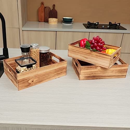 PHOENANCEE Wood Crates For Display,Rustic Crate Storage Decorative Boxes Set of 3,Wooden Nesting Box with Handles Farmhouse Container Basket Bin Home Decoration,Solid Pine,L+M+S - Image 2