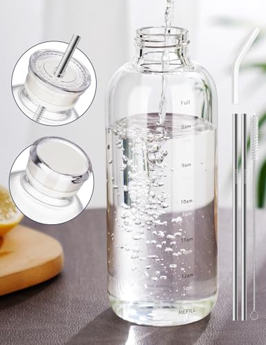 NiHome 25oz750ml Clear Glass Water Bottle with 2 Caps StainlessSteel Straw Temperature Resistant Durable High Borosilicate Glass Drinkware with LeakProof Seal for Travel Gym School Home Use - Image 1