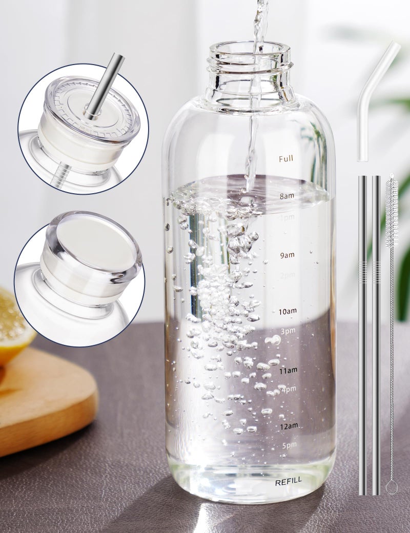 NiHome 25oz750ml Clear Glass Water Bottle with 2 Caps StainlessSteel Straw Temperature Resistant Durable High Borosilicate Glass Drinkware with LeakProof Seal for Travel Gym School Home Use - Image 2