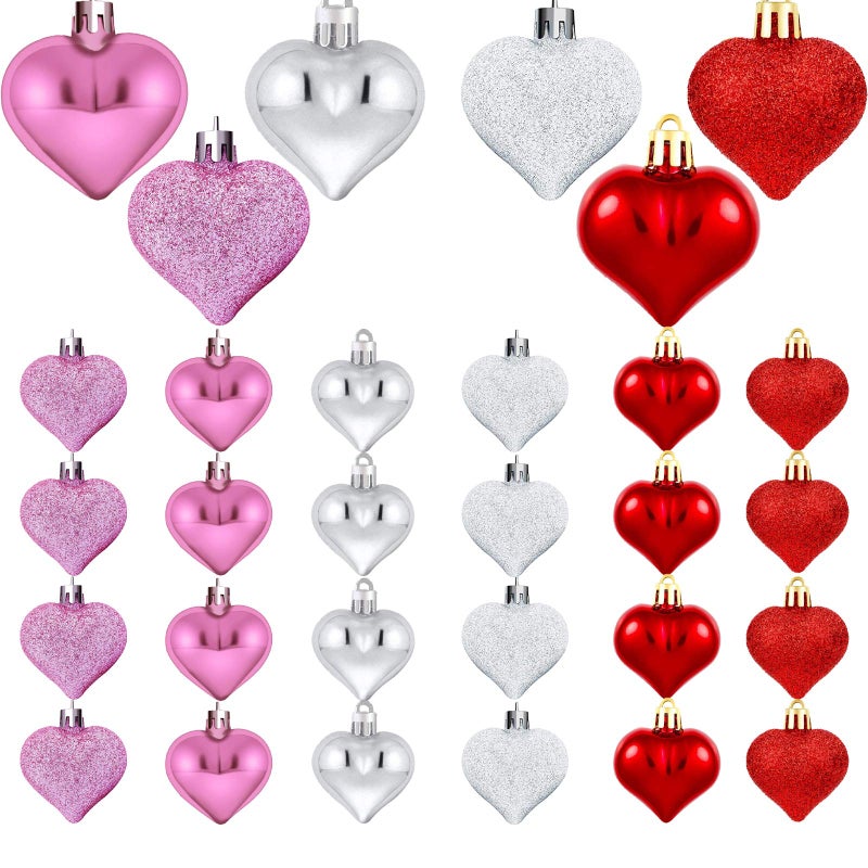 Emopeak Romantic Heart Ornaments for Valentine Tree 24 Pieces Valentines Day Heart Baubles  2 Styles Glossy Glitter 3 Color  Hanging Decorations for Home Wedding Party