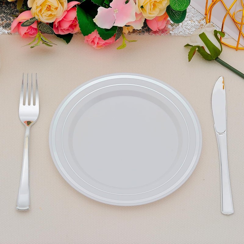 ISFANGCO 200 PCS Silver Dessert Plates Set for 100 Guests75 inch Disposable Silver Rimmed White Heavy Duty Plastic Salad Plates with ForksCake and Appetizer Plate for WeddingBirthday and Party - Image 4