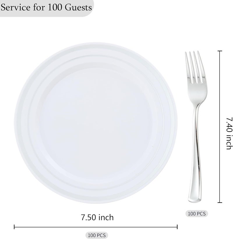 ISFANGCO 200 PCS Silver Dessert Plates Set for 100 Guests75 inch Disposable Silver Rimmed White Heavy Duty Plastic Salad Plates with ForksCake and Appetizer Plate for WeddingBirthday and Party - Image 2