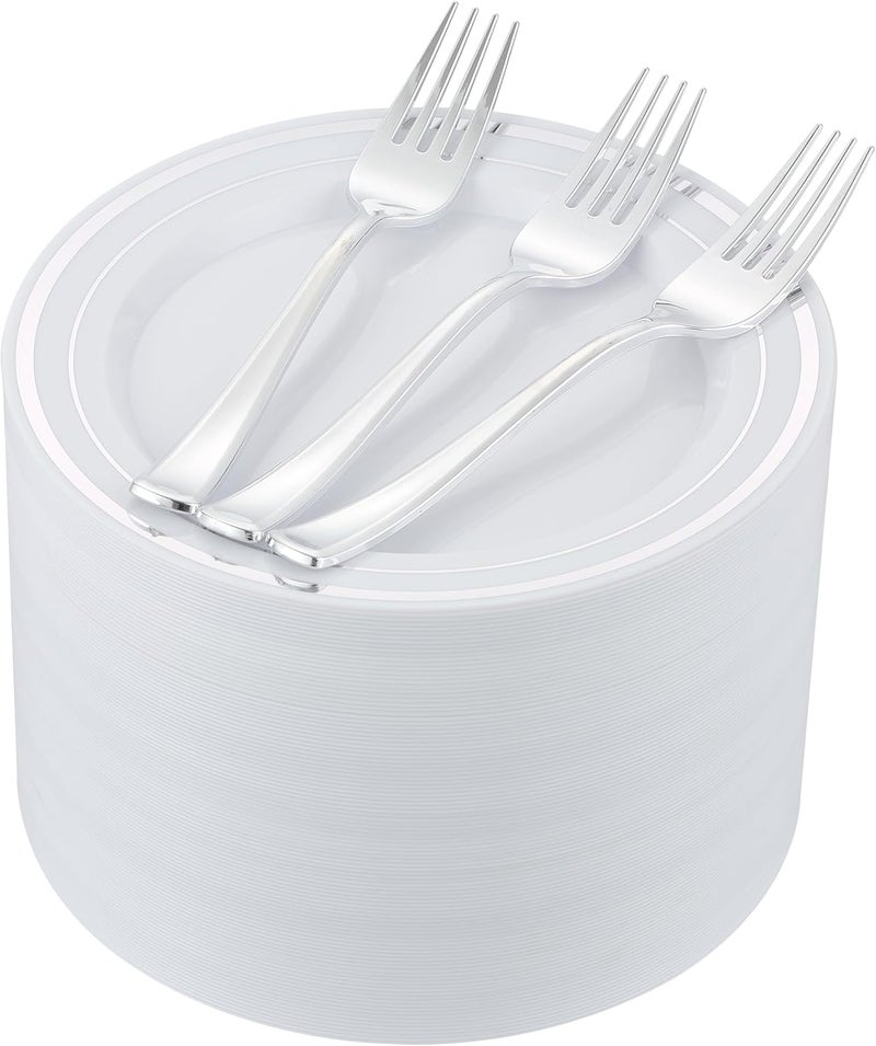 ISFANGCO 200 PCS Silver Dessert Plates Set for 100 Guests75 inch Disposable Silver Rimmed White Heavy Duty Plastic Salad Plates with ForksCake and Appetizer Plate for WeddingBirthday and Party - Image 1