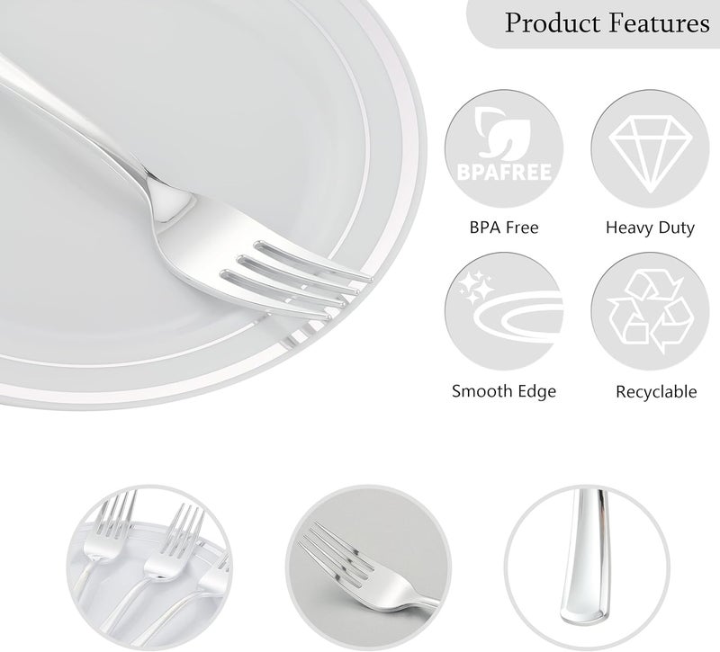 ISFANGCO 200 PCS Silver Dessert Plates Set for 100 Guests75 inch Disposable Silver Rimmed White Heavy Duty Plastic Salad Plates with ForksCake and Appetizer Plate for WeddingBirthday and Party - Image 3