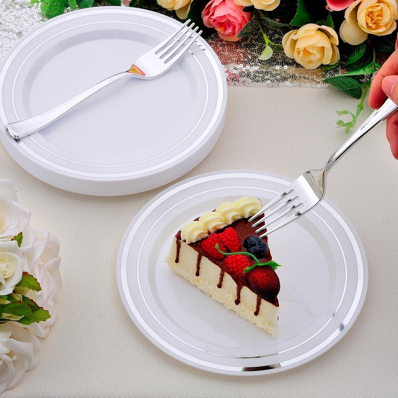 ISFANGCO 200 PCS Silver Dessert Plates Set for 100 Guests75 inch Disposable Silver Rimmed White Heavy Duty Plastic Salad Plates with ForksCake and Appetizer Plate for WeddingBirthday and Party - Image 5